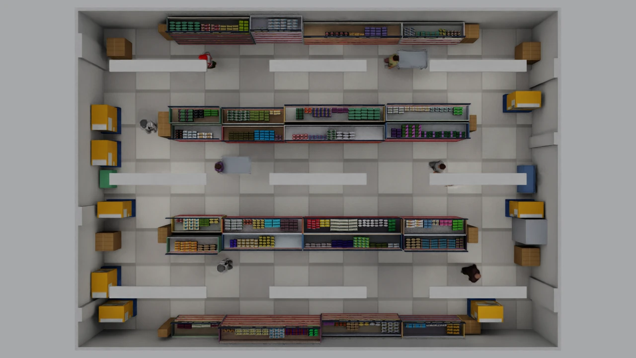 Overhead view of the simulated store with stocked shelves, shoppers and trolleys